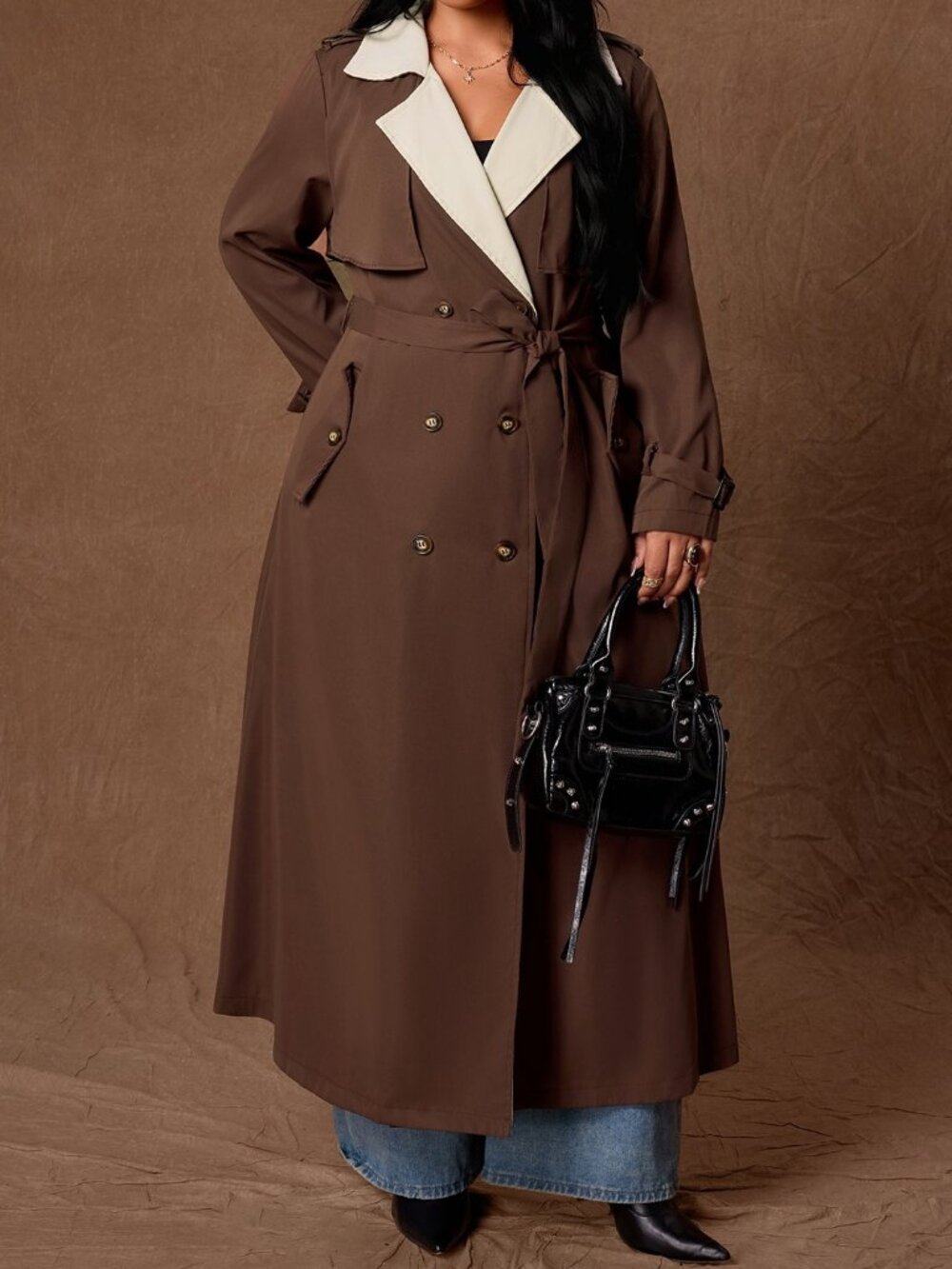 Brown & Cream Elegant Women's Belted Double Button Trench Coat